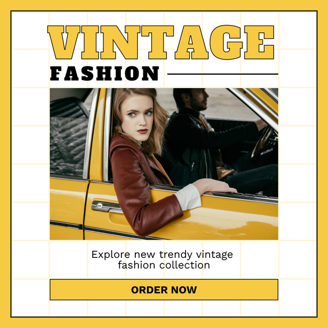 Vintage fashion woman in yellow taxi Instagram AD – шаблон для дизайну