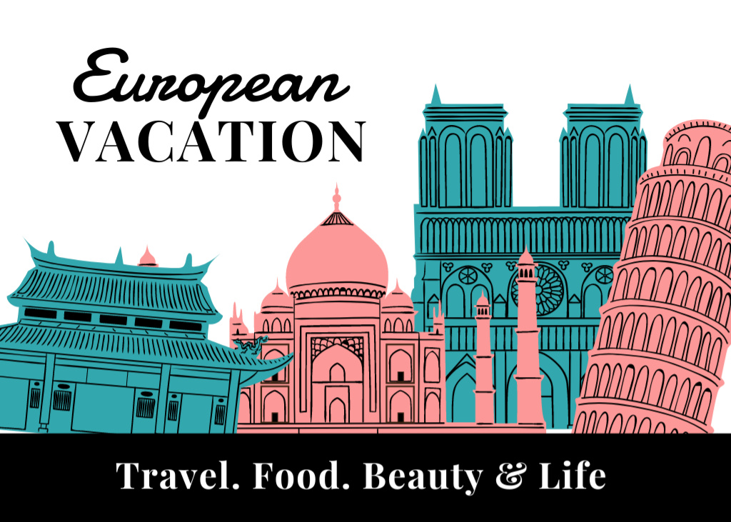 Plantilla de diseño de European Vacation With Famous Showplaces Postcard 5x7in 