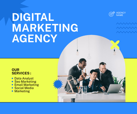 Designvorlage Angebot von Agenturdienstleistungen für digitales Marketing mit Kollegen im Büro für Facebook