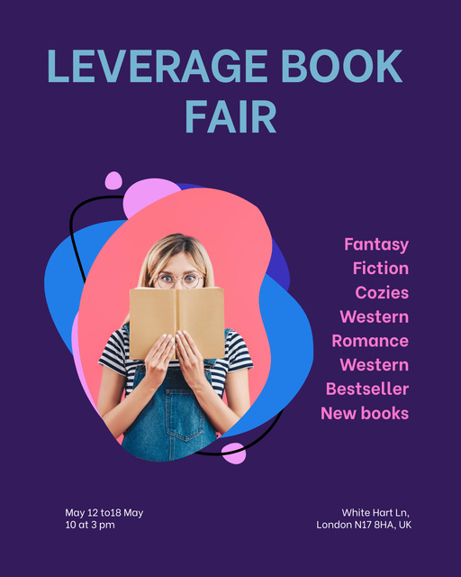 Book Fair Announcement with List of Various Genres on Purple Poster 16x20in Šablona návrhu