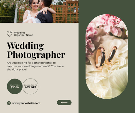 Designvorlage Rabatt auf die Dienste eines Hochzeitsfotografen für Facebook