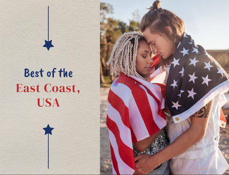 Template di design USA Independence Day Tours Offer with Cute Couple on Beach Postcard 4.2x5.5in