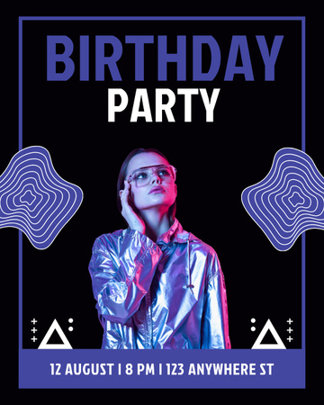 Birthday Disco Party Invitation on Black and Purple Instagram Post Vertical Modelo de Design
