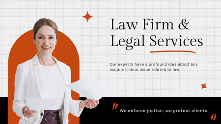 Law Firm Ad with Woman Lawyer Title 1680x945px Design Template