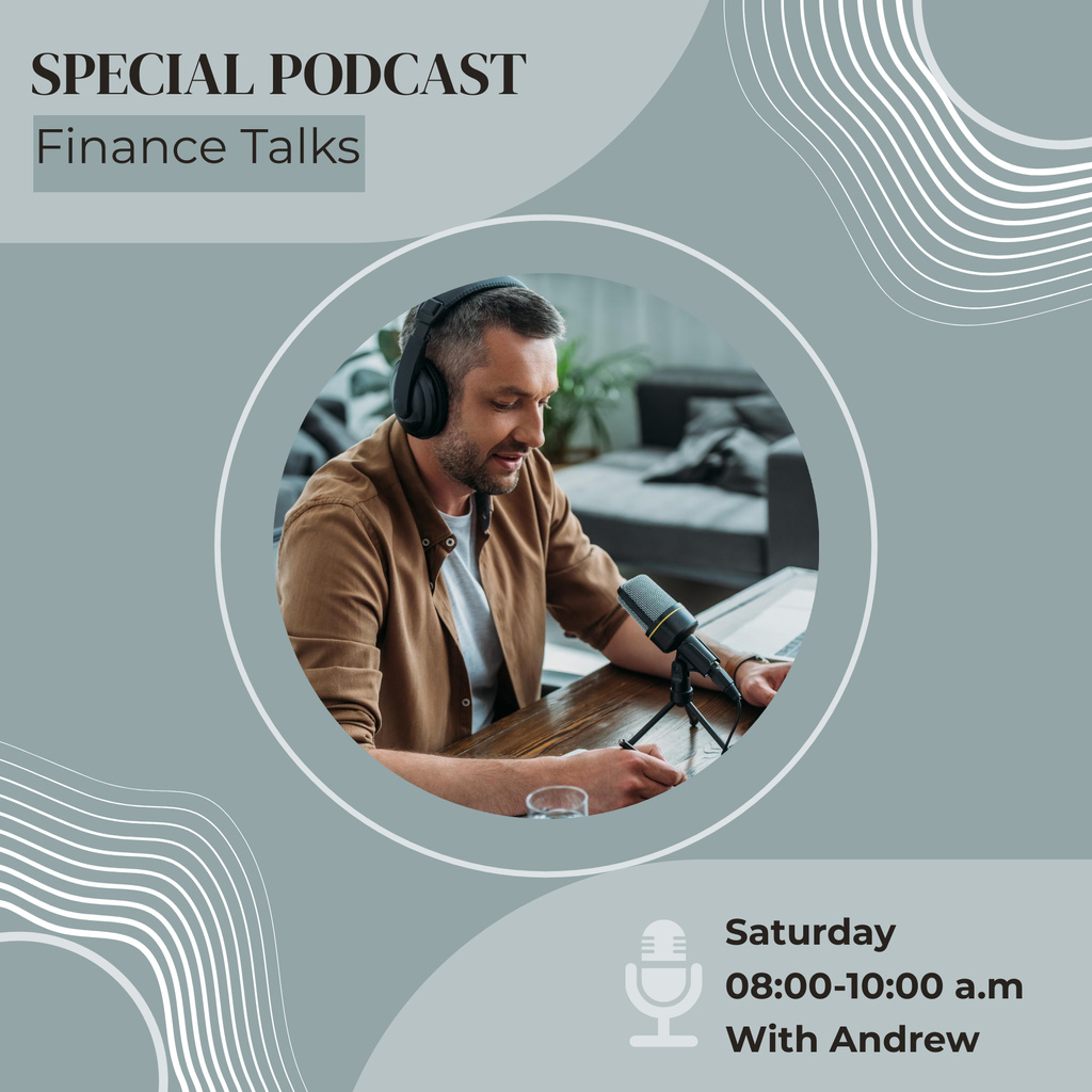 Ontwerpsjabloon van Podcast Cover van Financial Negotiations with Attractive Man in Headphones