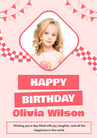 Cute Pink Happy Birthday Little Girl Poster Design Template