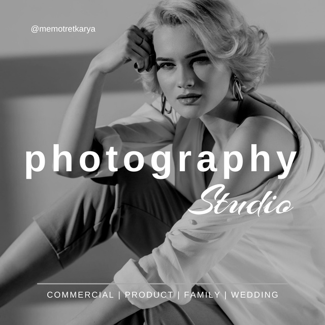Black and White Photography Studio Ad with Woman Instagram Πρότυπο σχεδίασης