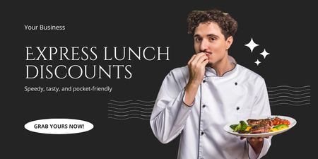 Anúncio de descontos para almoço expresso com chef segurando o prato Twitter Modelo de Design