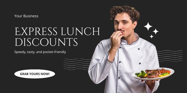 Express Lunch Discounts Ad with Chef holding Dish Twitter tervezősablon