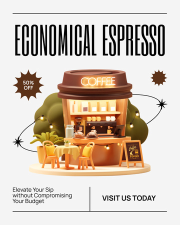Designvorlage Budgetfreundliches Espresso-in-Café-Angebot für Instagram Post Vertical