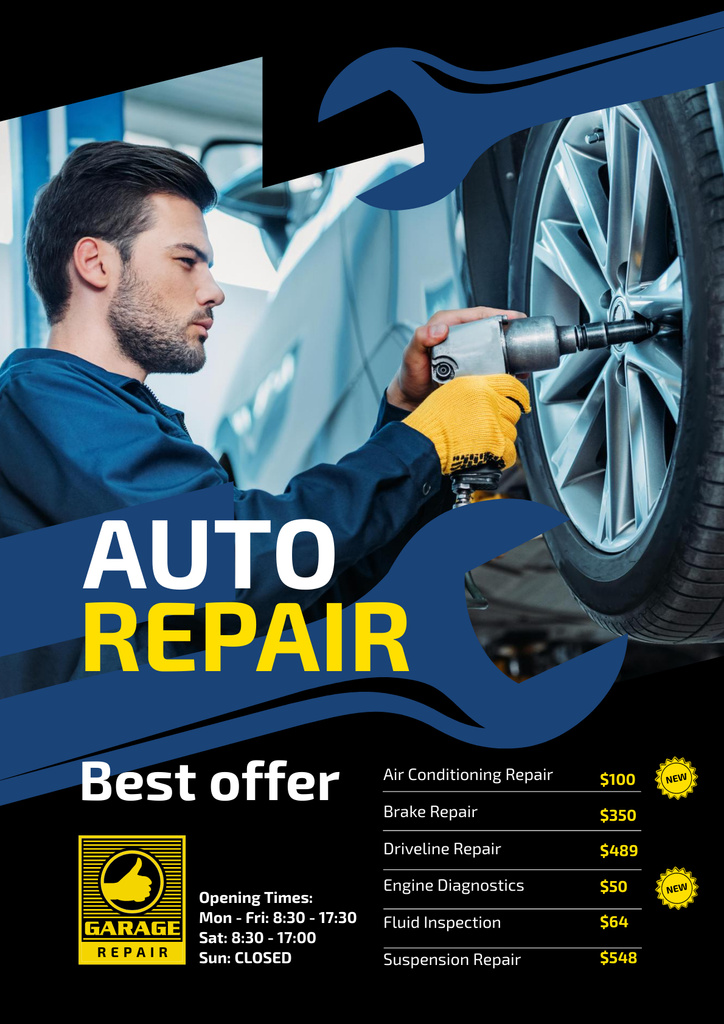 Auto Repair Service Ad with Mechanic at Work Poster Tasarım Şablonu