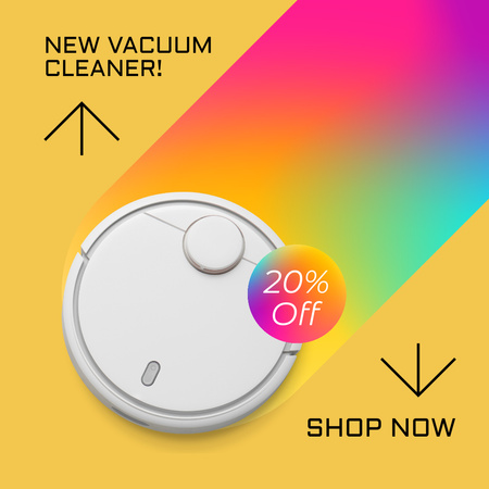 Robot Vacuum Cleaner Discount Announcement on Yellow Instagram AD Design Template