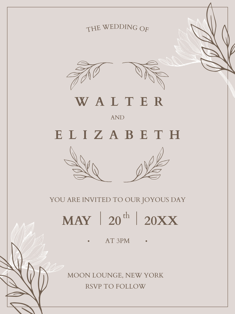 Elegant Wedding Invitation with Leaves Illustration on Beige Poster US – шаблон для дизайна