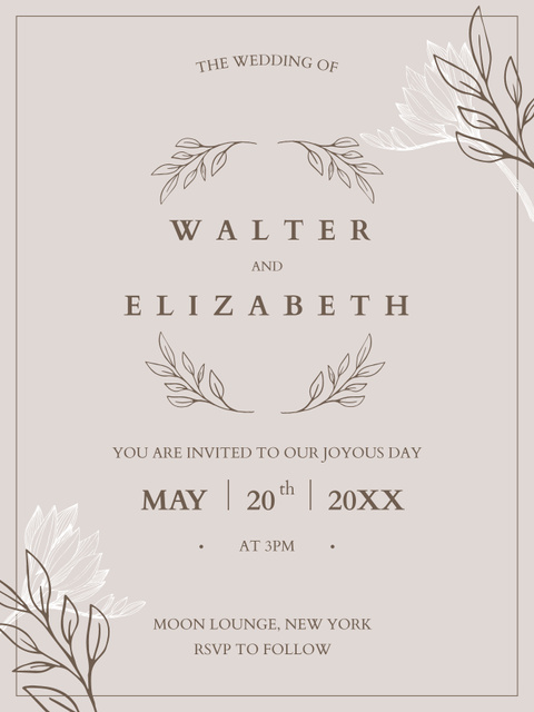 Elegant Wedding Invitation with Leaves Illustration on Beige Poster US – шаблон для дизайну