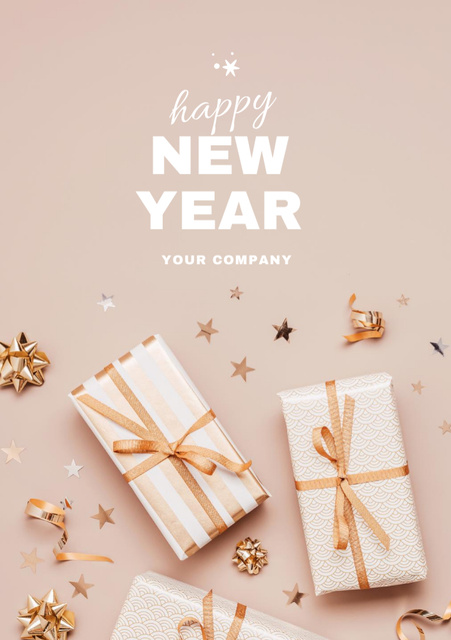 Plantilla de diseño de New Year Greetings With Presents And Decoration Postcard A5 Vertical 