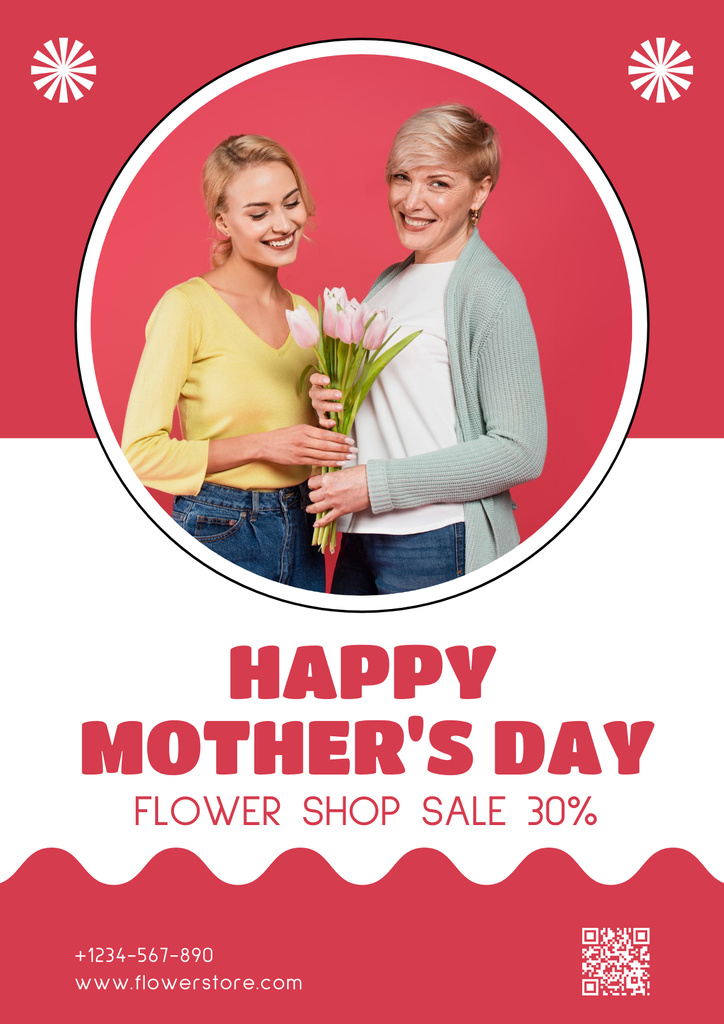 Adult Daughter with Mom holding Bouquet on Mother's Day Poster Design Template