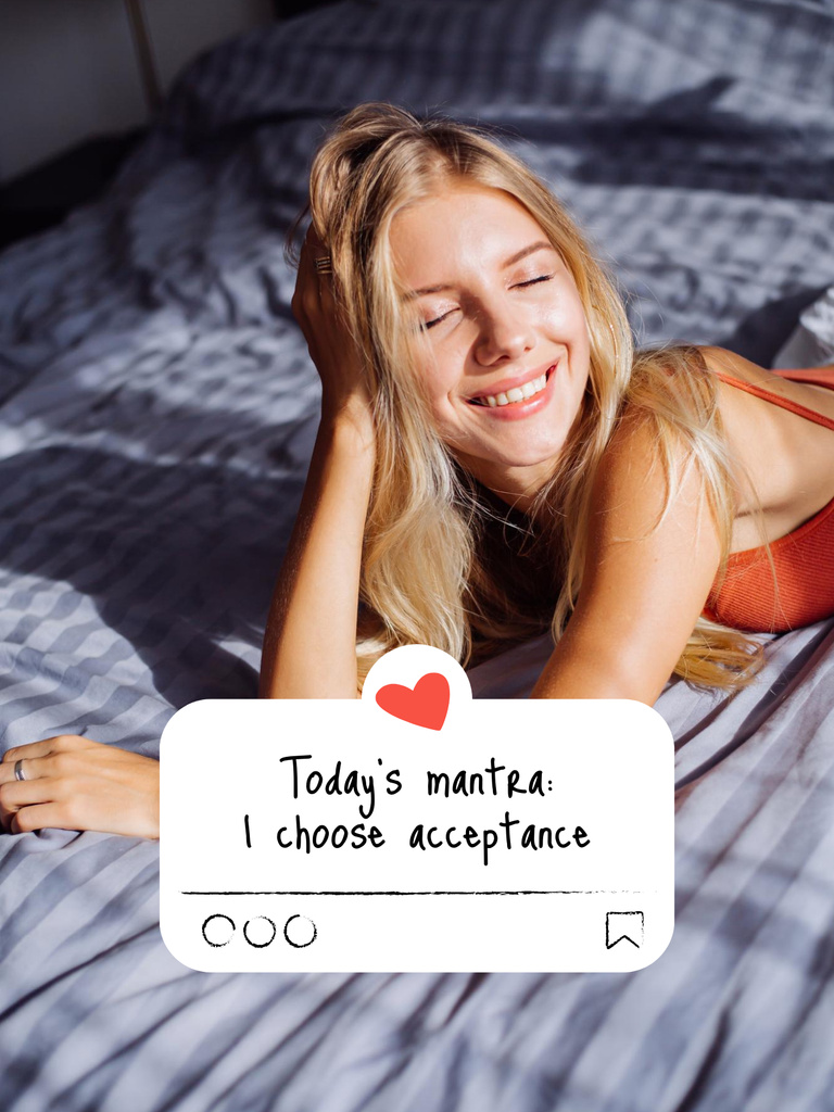 Mental Health Inspiration with Happy Woman in Bed Poster USデザインテンプレート