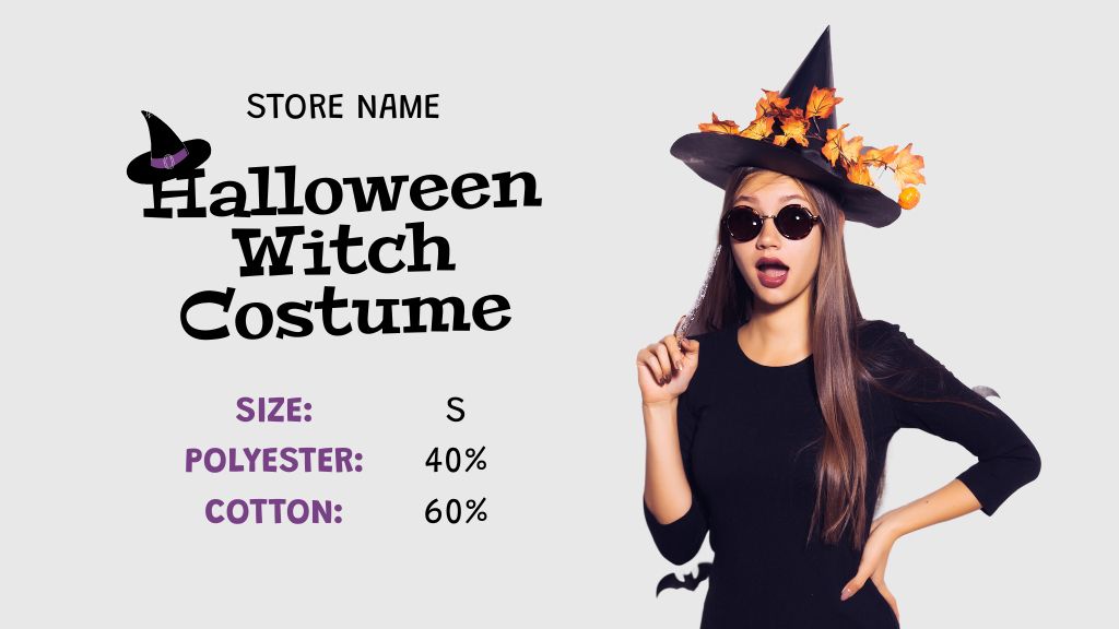 Young Girl in Witch Costume on Halloween Label 3.5x2in Design Template