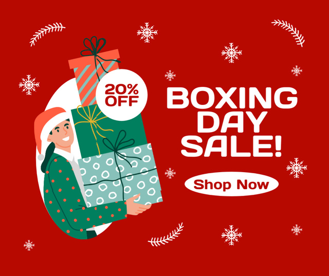 Boxing Day Sale Announcement With Man Holding Gifts Facebook Design Template