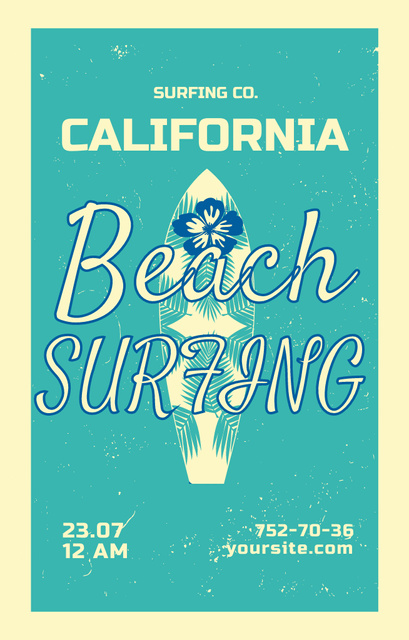 Plantilla de diseño de Surfing Tour Offer with Surfboard on Blue Invitation 4.6x7.2in 