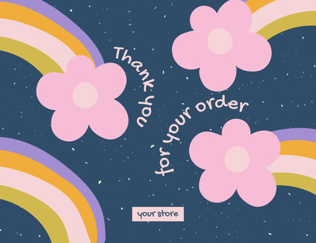 Modèle de visuel Merci pour le message de commande avec des fleurs et des arcs-en-ciel sur le ciel bleu - Thank You Card 5.5x4in Horizontal