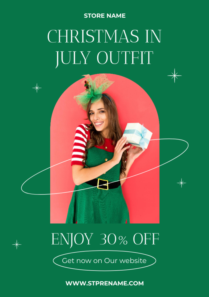 Christmas Sale with Young Woman in Elf Costume Flyer A5 tervezősablon