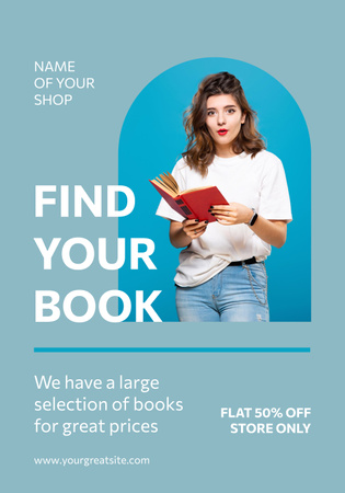 Kırmızı Kitap tutan Kadın ile Kitapçı Reklamı Poster 28x40in Tasarım Şablonu
