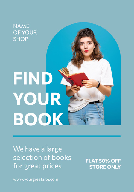 Bookstore Ad with Woman holding Red Book Poster 28x40in tervezősablon