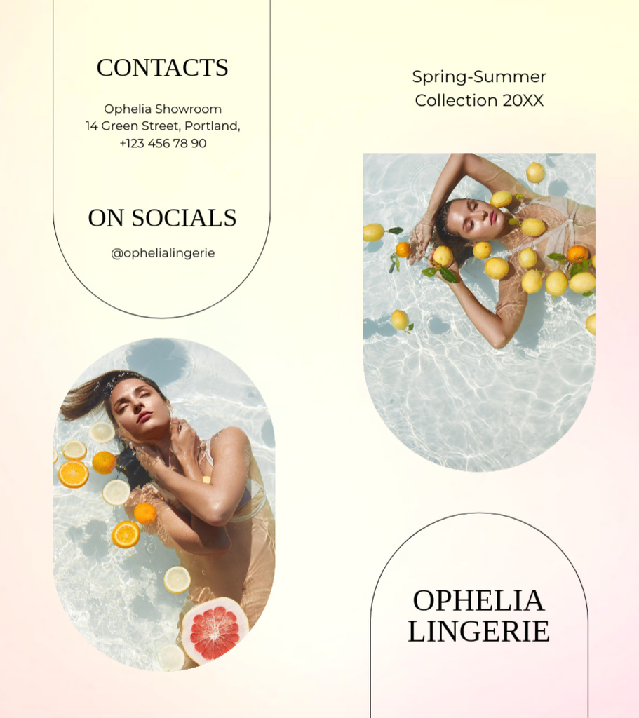 Ontwerpsjabloon van Brochure 9x8in Bi-fold van Lingerie Ad with Beautiful Woman in Pool with Lemons in Yellow
