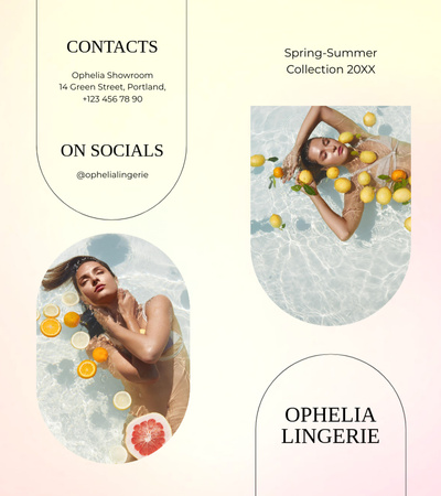 Plantilla de diseño de Anuncio de lencería con hermosa mujer en la piscina con limones en amarillo Brochure 9x8in Bi-fold 