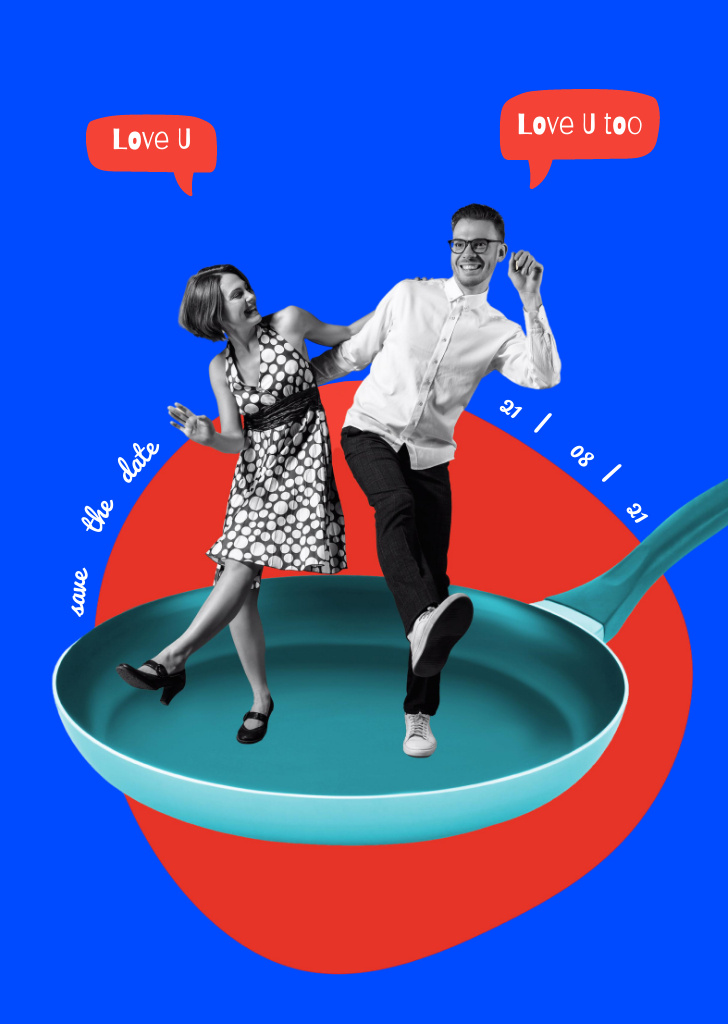 Plantilla de diseño de Funny Loving Couple Dancing On Pan Postcard A6 Vertical 