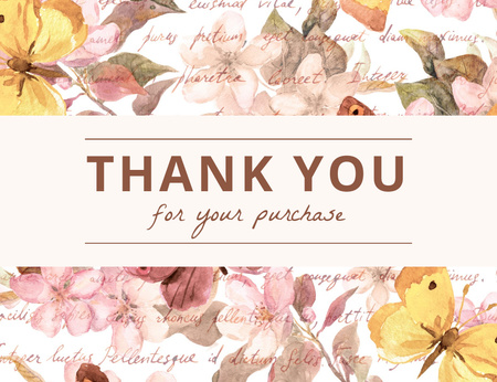 Suluboya Çiçekler ve Sarı Kelebekler ile Teşekkür Mesajı Thank You Card 5.5x4in Horizontal Tasarım Şablonu