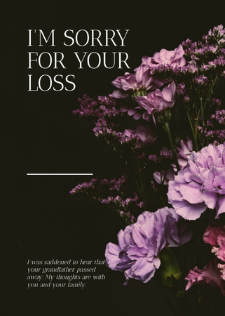 Designvorlage Sympathie-Ausdruckswörter mit lila Blumen für Postcard 5x7in Vertical