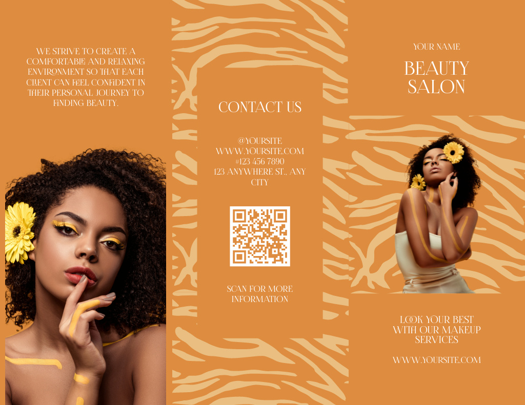 Ontwerpsjabloon van Brochure 8.5x11in van Beauty Salon Ad with Attractive Woman with Bright Makeup