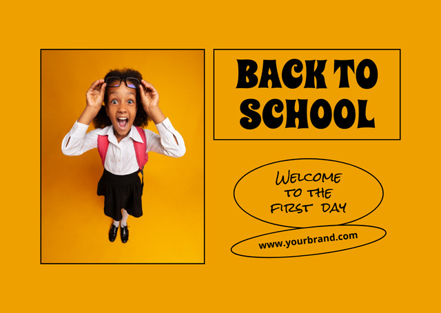 Ontwerpsjabloon van Postcard van Back to School Ad with Cute Funny Girl
