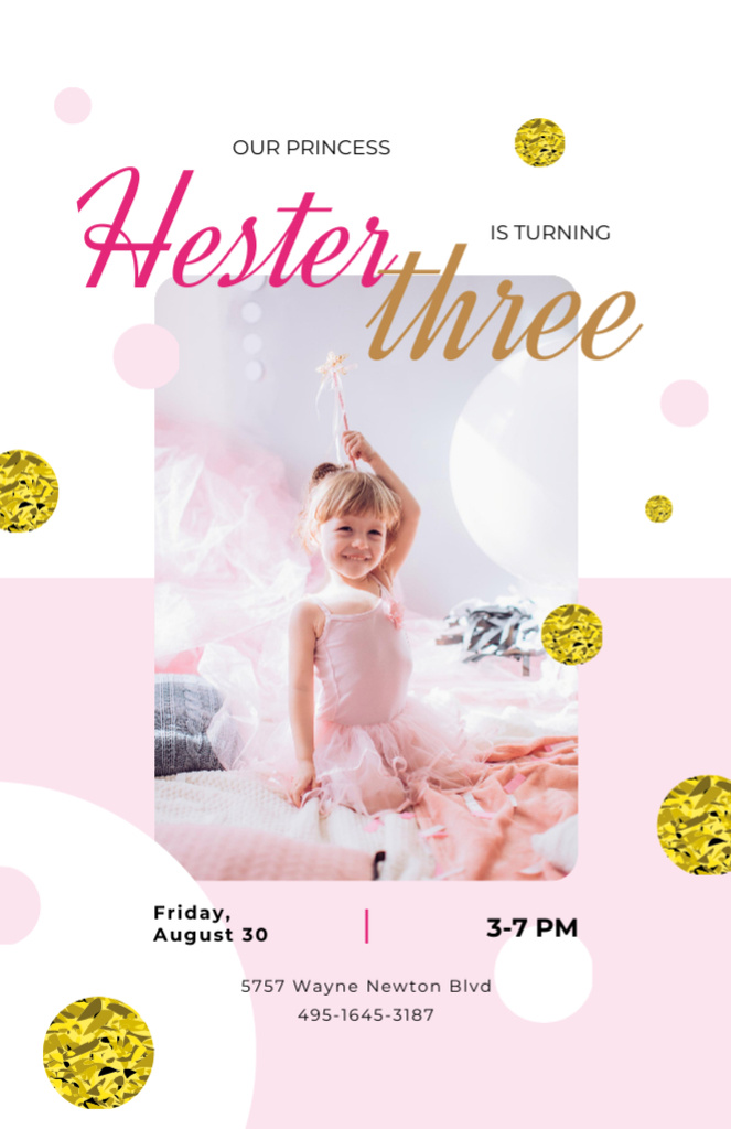 Kid Birthday Event With Girl in Princess Dress Invitation 5.5x8.5in Design Template