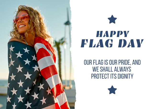 Plantilla de diseño de Flag Day Celebration Announcement with Smiling Woman Postcard 