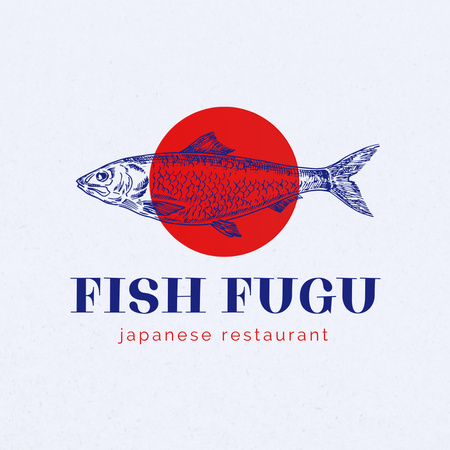 Japanese Restaurant Ad with Fish Illustration Logo Design Template