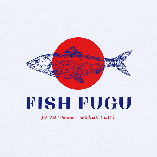 Japanese Restaurant Ad with Fish Illustration Logo Tasarım Şablonu
