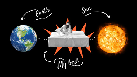Ontwerpsjabloon van Youtube Thumbnail van aarde en zon draaien rond man in bed