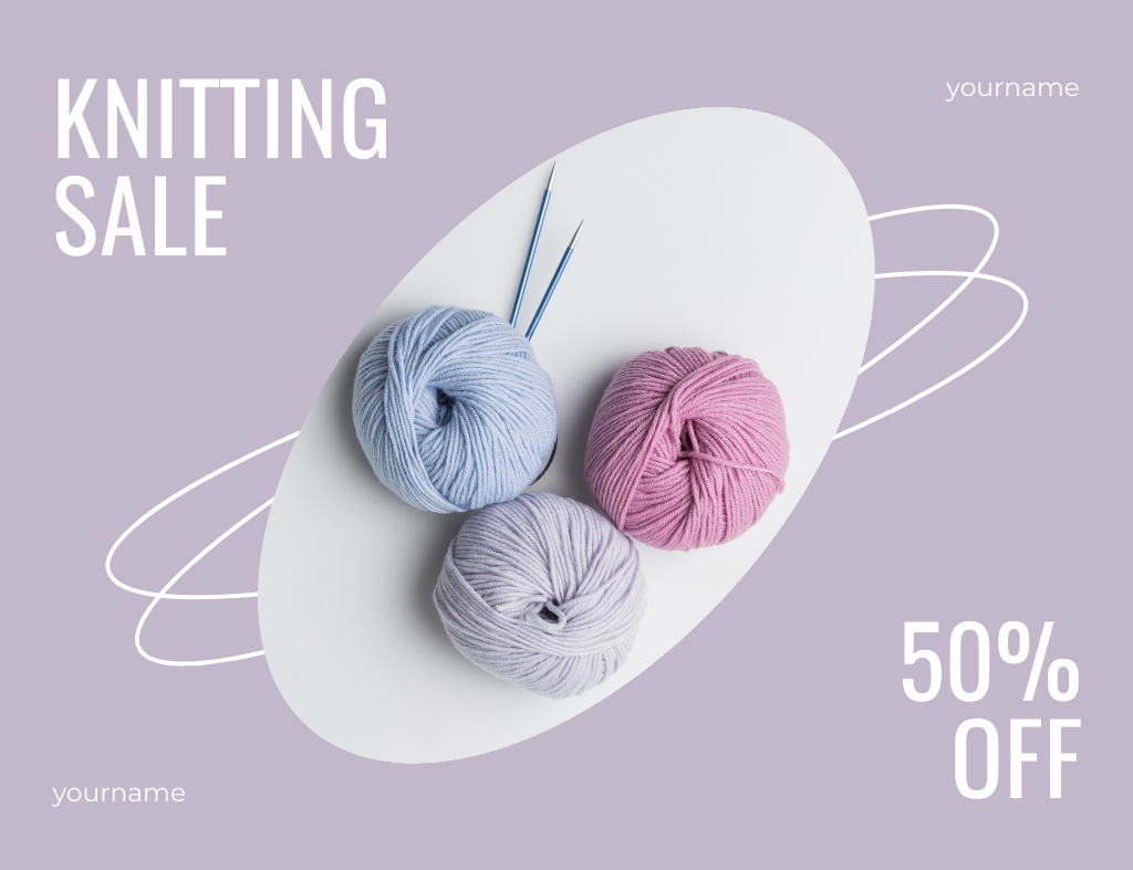 Knitting Accessories Sale Ad on Violet Thank You Card 5.5x4in Horizontal Design Template
