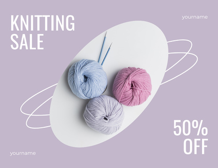Knitting With Yarn Sale Offer In Violet Thank You Card 5.5x4in Horizontal Design Template