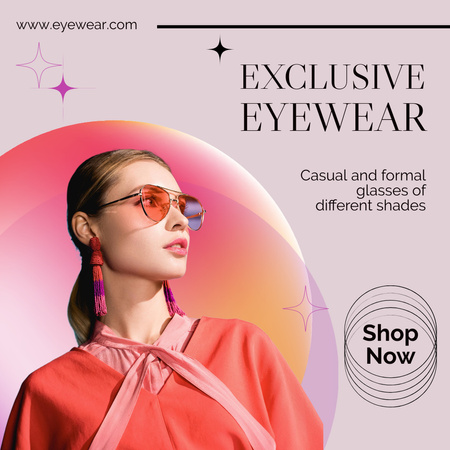 Plantilla de diseño de Bright Eyewear Sale Anouncement with Lady in Red Sunglasses Instagram 