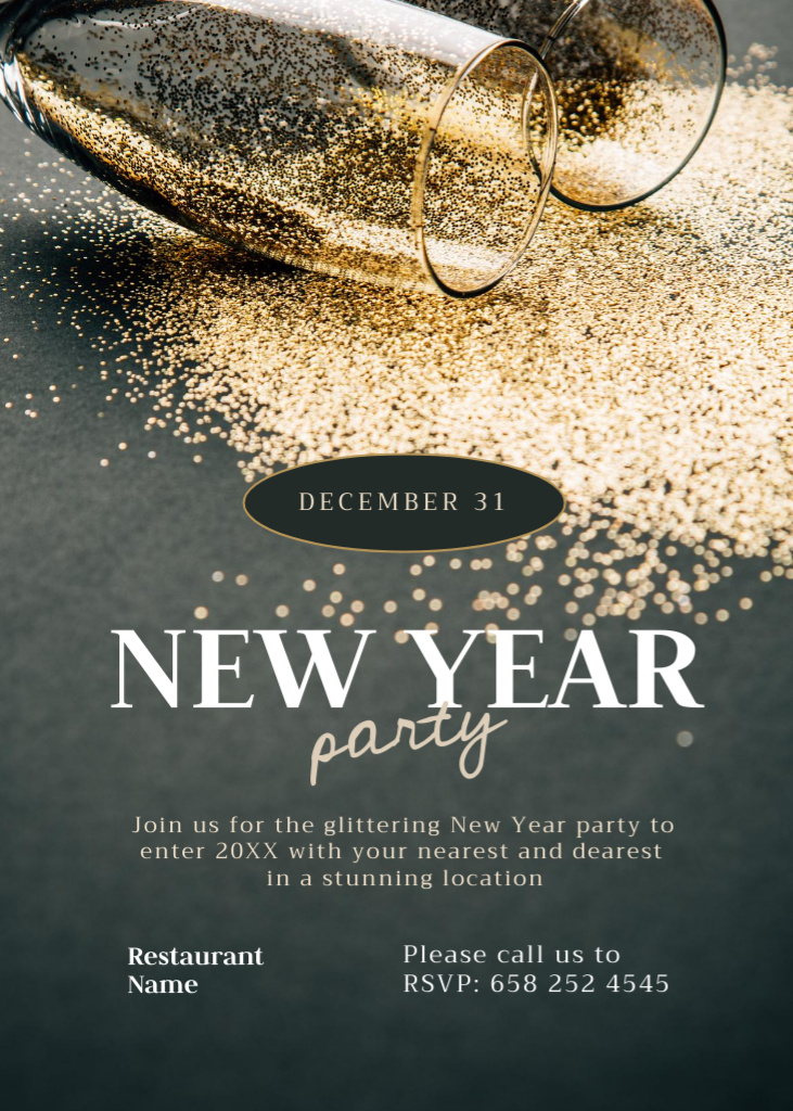 New Year Party Announcement with Wineglasses in Glitter Invitationデザインテンプレート