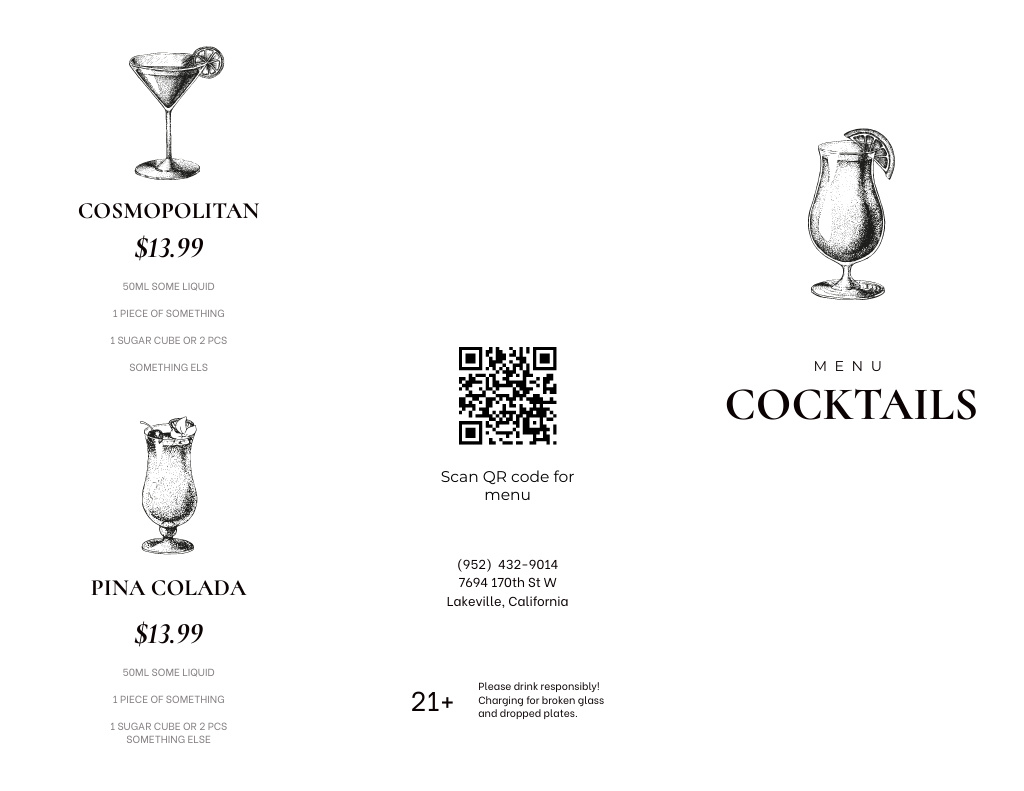 Modèle de visuel Cocktails Menu Announcement in White - Menu 11x8.5in Tri-Fold