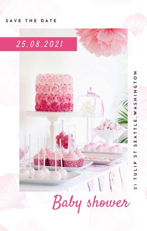 Ontwerpsjabloon van Invitation 4.6x7.2in van Sweet Baby Shower Announcement With Pink Cakes