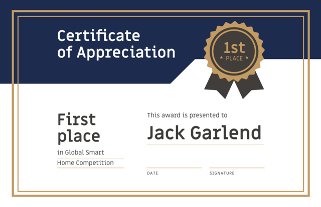 Winning Smart Home Competition Appreciation in Blue and Golden Certificate 5.5x8.5in Šablona návrhu