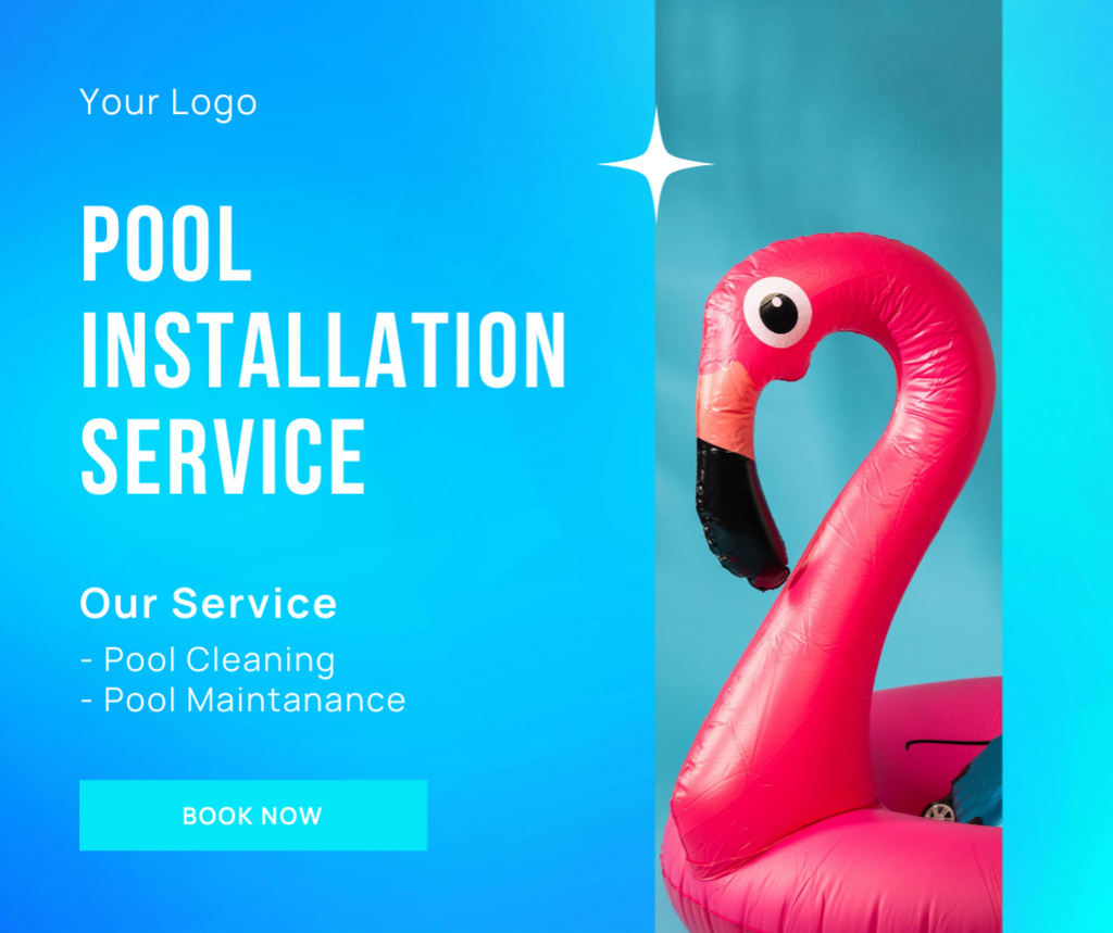 Swimming Pool Installation Service Offer with Inflatable Flamingo Facebookデザインテンプレート