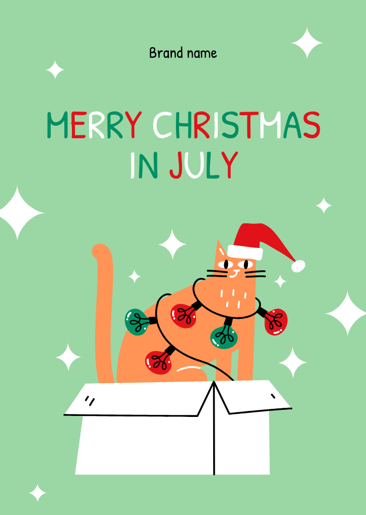 Christmas In July Greeting With Cute Cat Postcard A6 Vertical – шаблон для дизайна