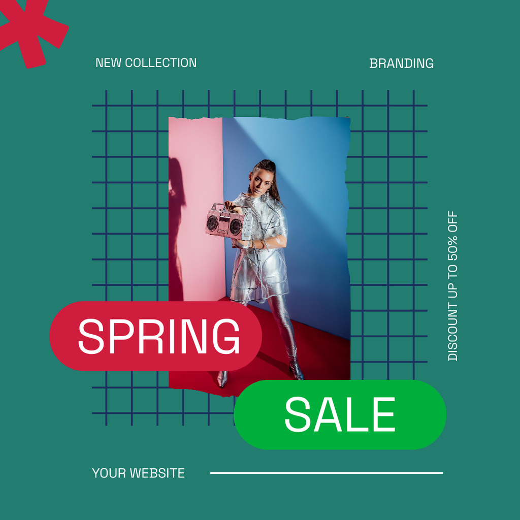 Spring Sale with Young Woman in Shiny Clothes Instagram Design Template